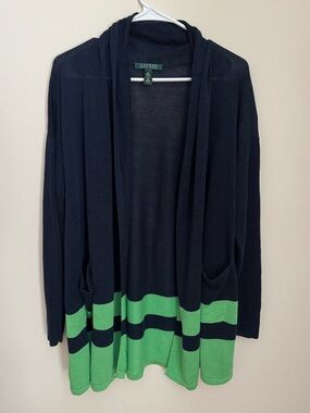 Lauren Ralph Lauren Linen Blend Border Stripe Cardigan Navy Green Size Large